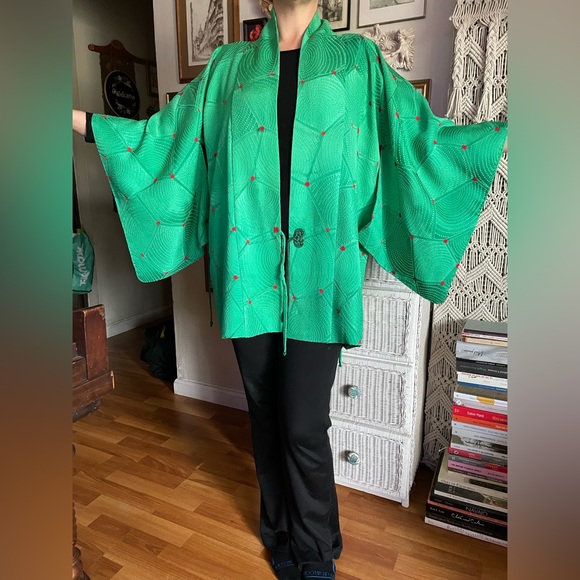 Green Silk Haori Kimono - Picture 1 of 14
